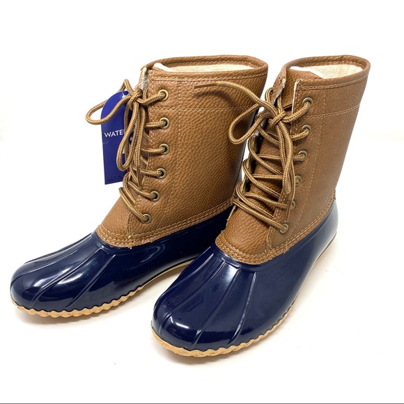 New in Box Brown Navy Blue Faux Fur Vegan Leather Waterproof Duck Boots - Picture 10 of 11